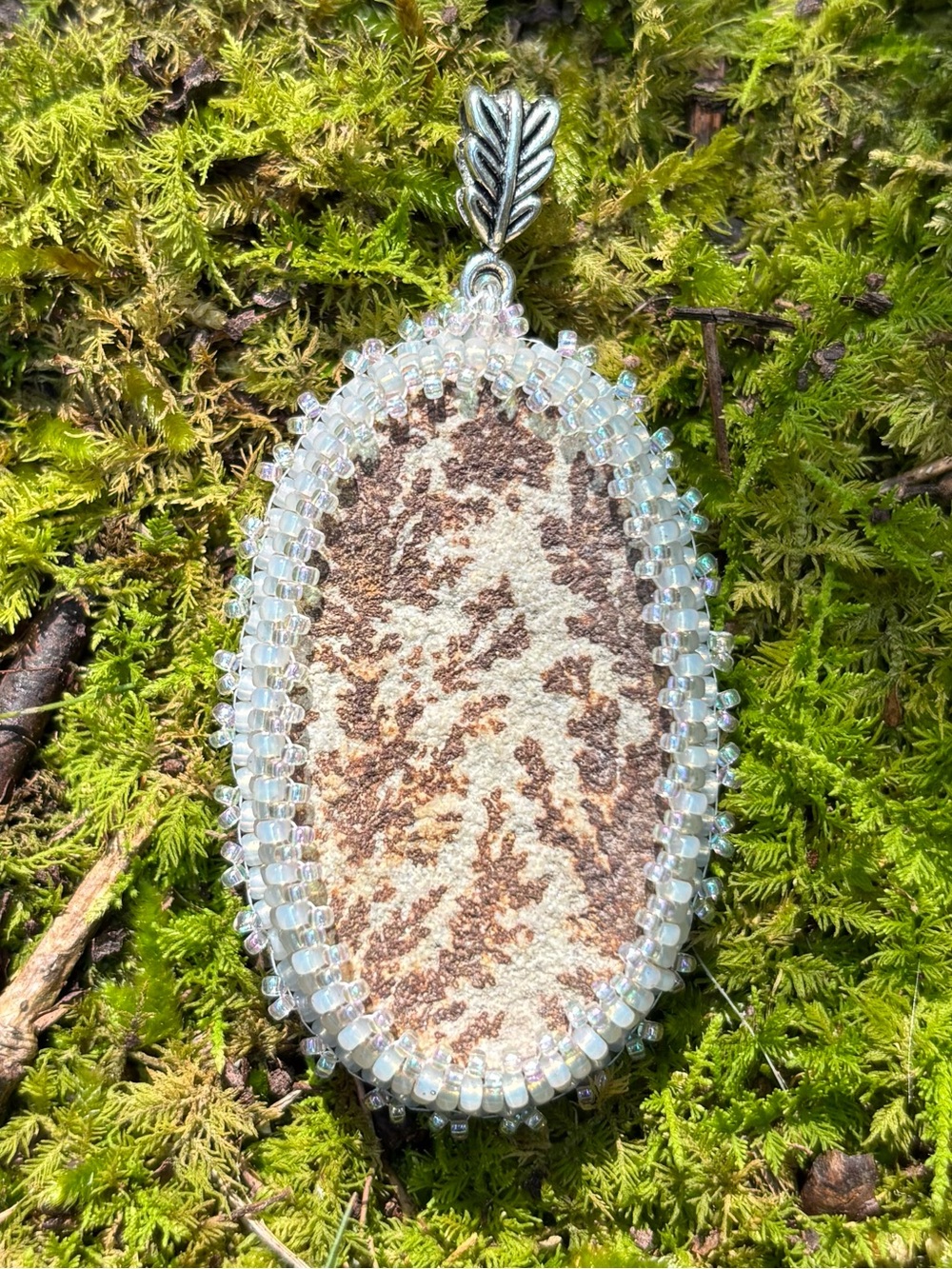 Handcrafted Dendritic Agate Statement Pendant – OOAK Bead-Embroidered Pendant